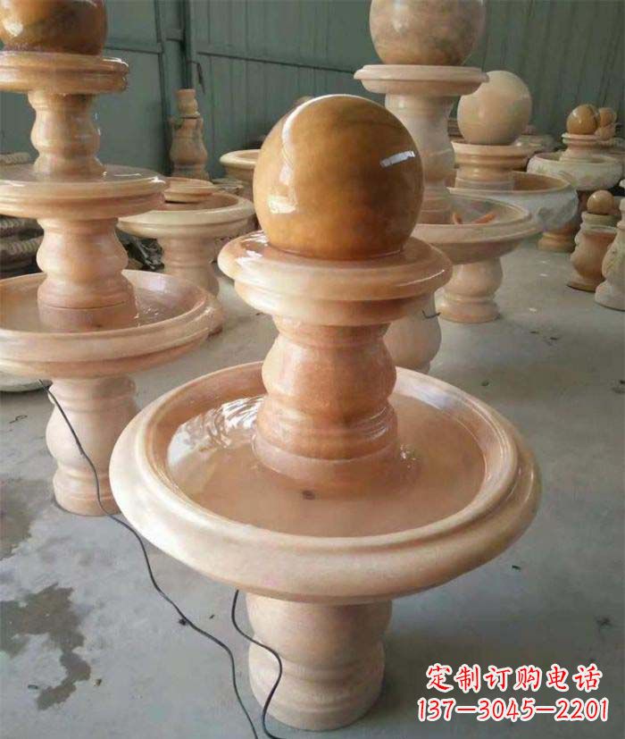辽阳晚霞红双层风水球别墅喷泉石雕