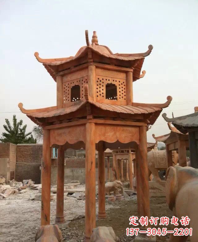 辽阳晚霞红双层凉亭石雕