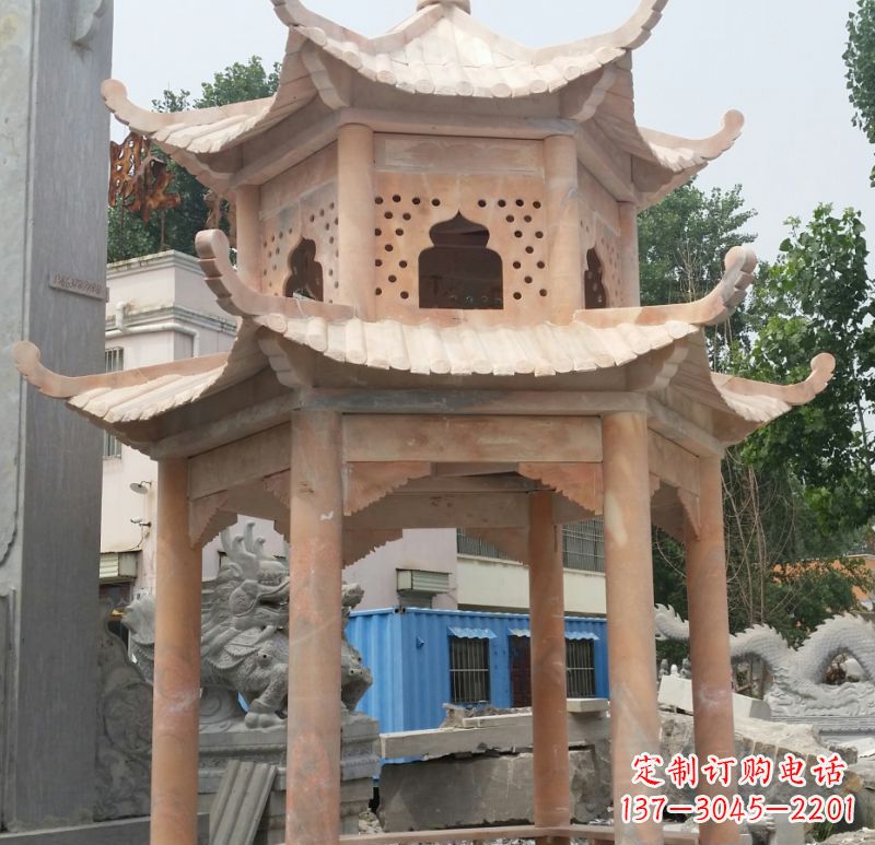辽阳晚霞红双层六角凉亭石雕 (2)
