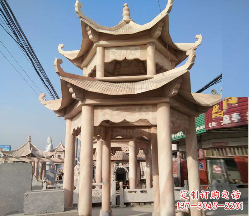 辽阳晚霞红双层六角凉亭石雕 (3)