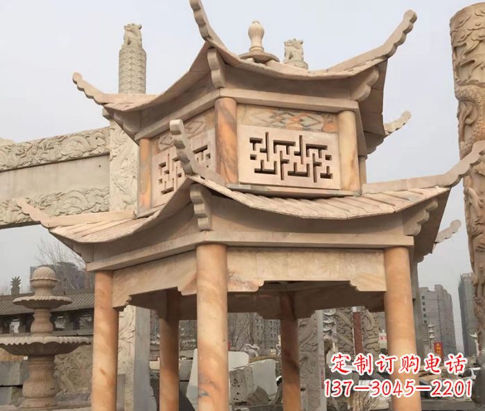 辽阳晚霞红双层石雕凉亭
