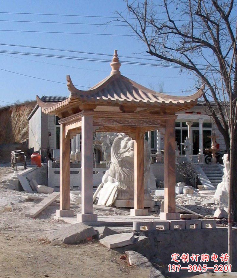 辽阳晚霞红四角凉亭景观石雕