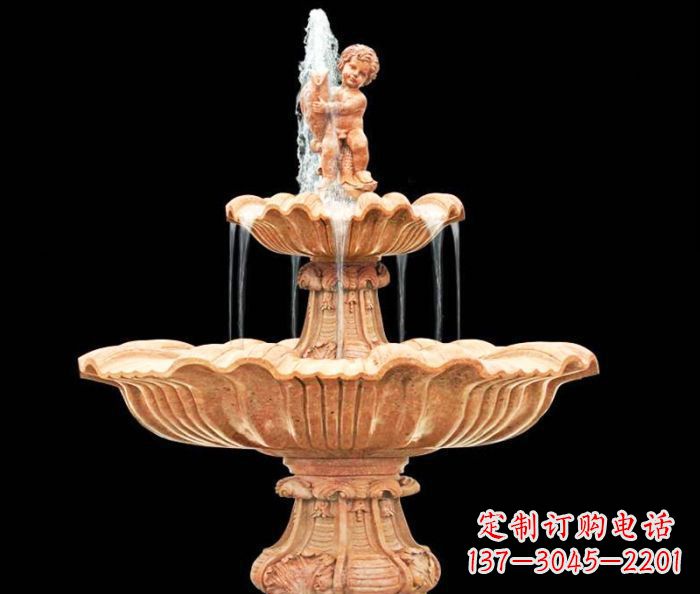 辽阳晚霞红小孩抱鱼石雕喷泉