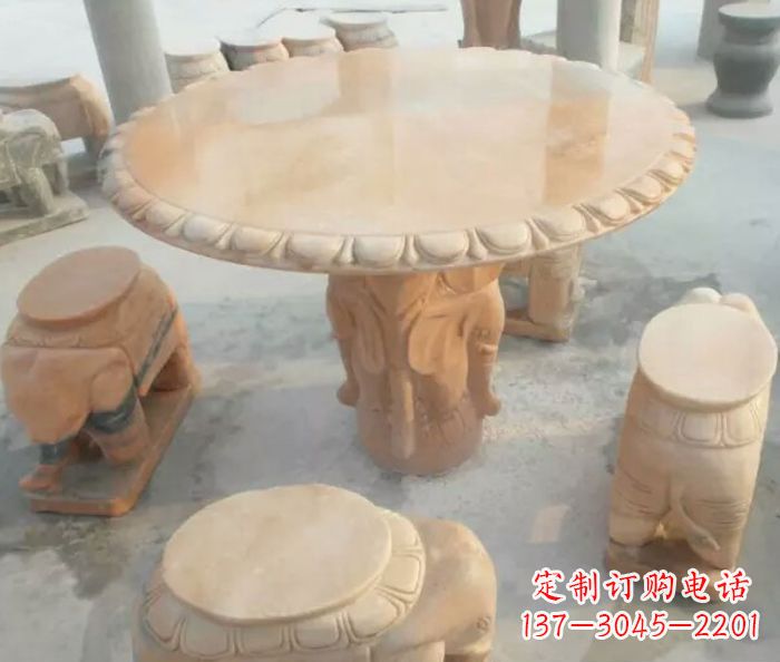 辽阳晚霞红小象桌凳别墅石雕 (2)