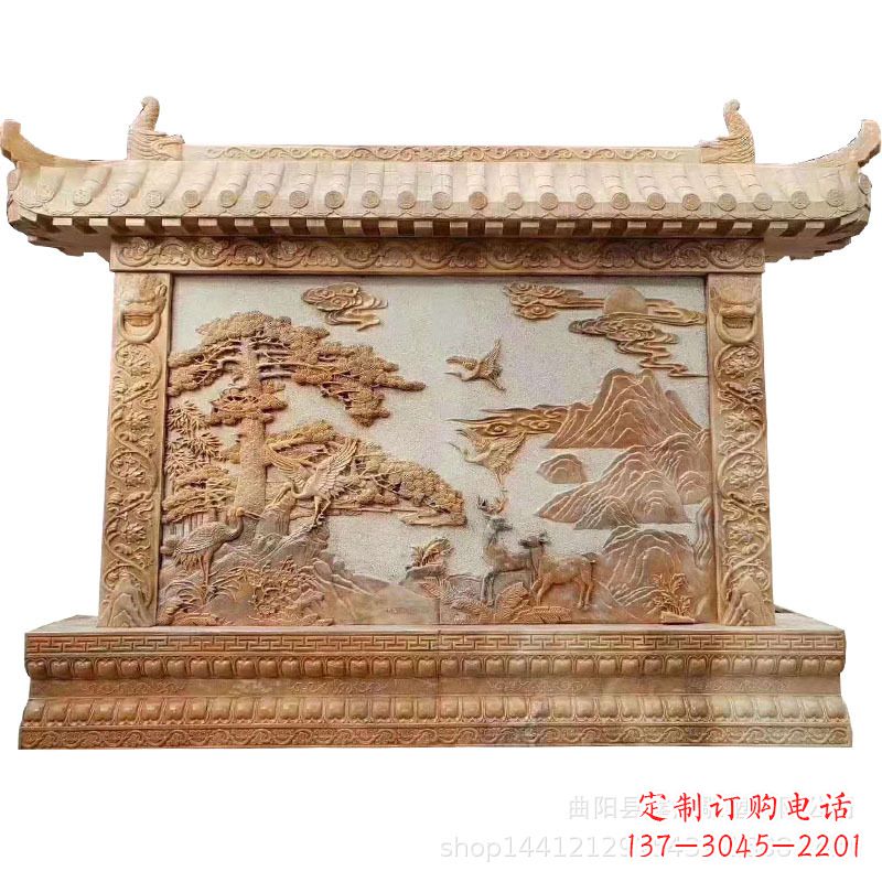辽阳晚霞红迎客松石雕影壁