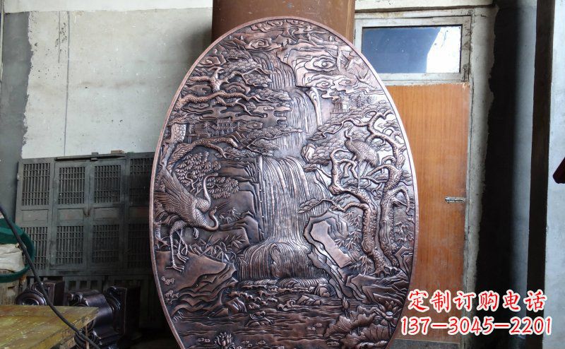 辽阳仙鹤松林瀑布古代园林景观铜浮雕