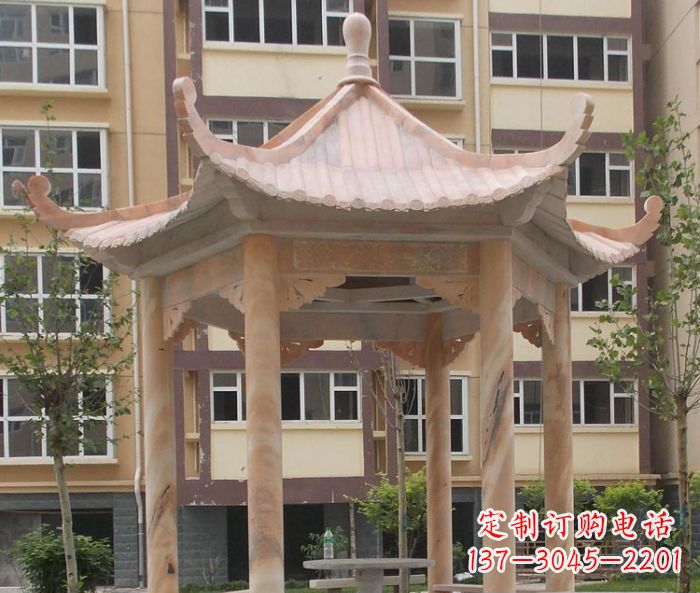 辽阳小区晚霞红六角凉亭石雕