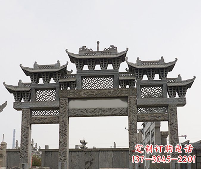 辽阳园林仿古三门牌坊石雕 (4)