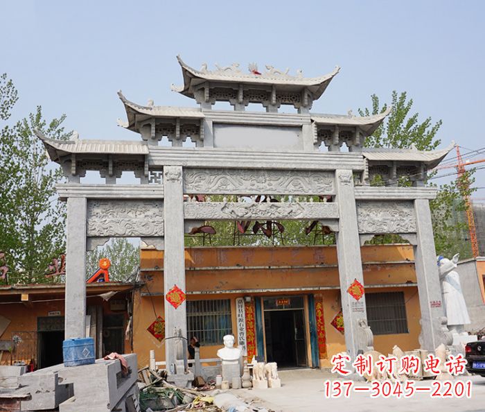辽阳园林仿古三门牌坊石雕 (5)