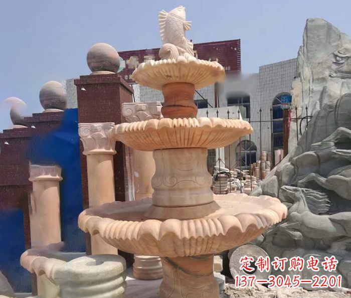 辽阳园林景观晚霞红鲤鱼喷泉石雕