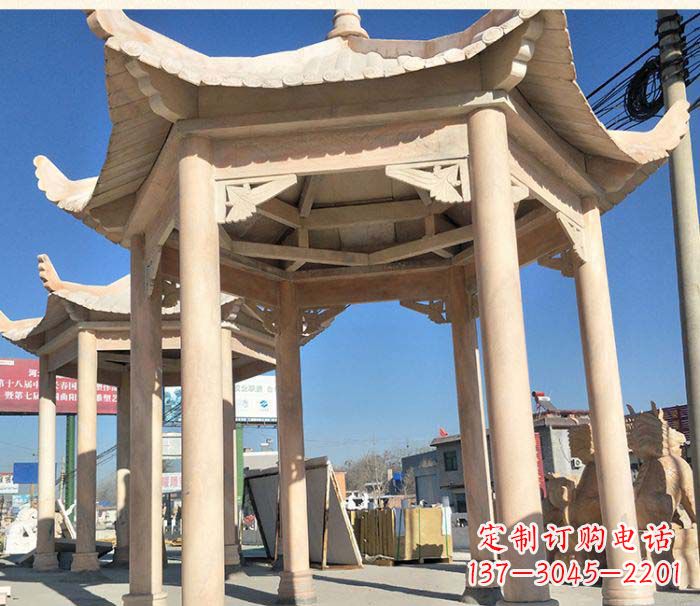 辽阳园林景观晚霞红六角石雕凉亭 (2)