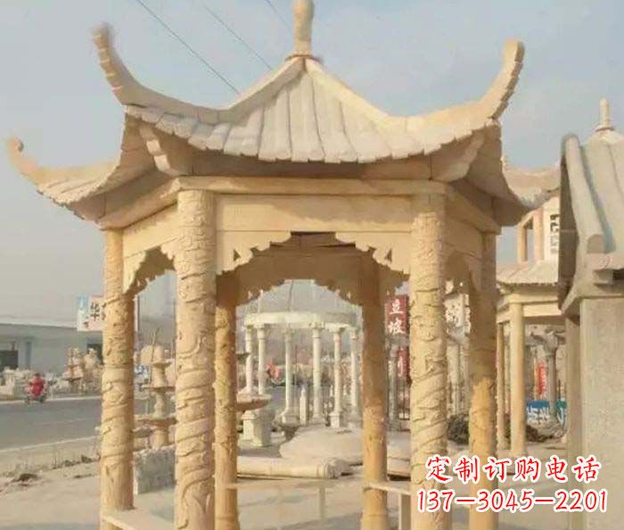 辽阳园林景观晚霞红六角石雕凉亭 (3)