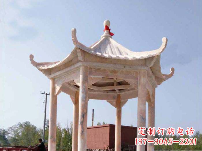 辽阳园林景观晚霞红六角石雕凉亭