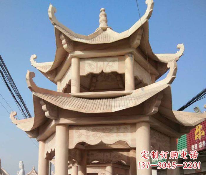 辽阳园林景观晚霞红双层石雕凉亭 (2)