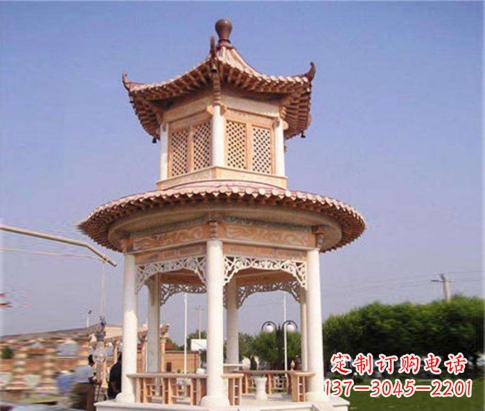 辽阳园林景观晚霞红双层石雕凉亭 (4)