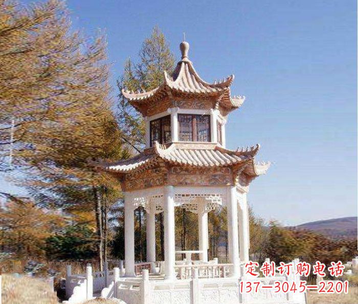 辽阳园林景观晚霞红双层石雕凉亭 (3)