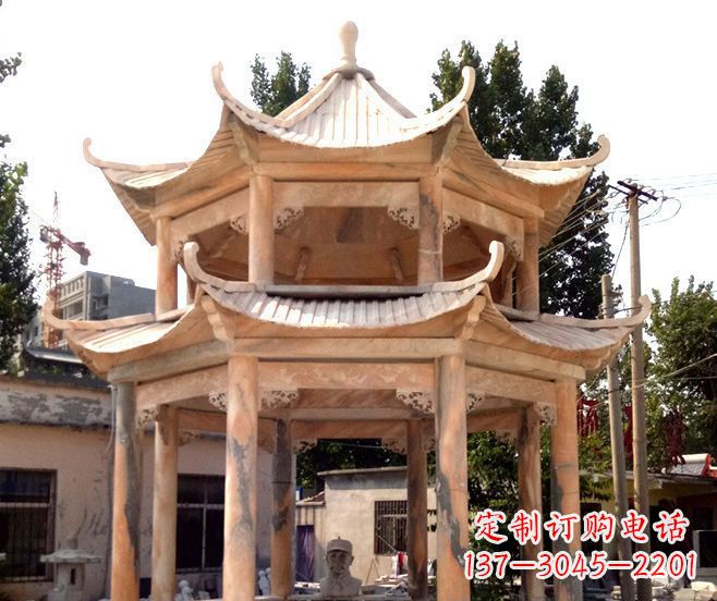 辽阳园林景观晚霞红双层石雕凉亭