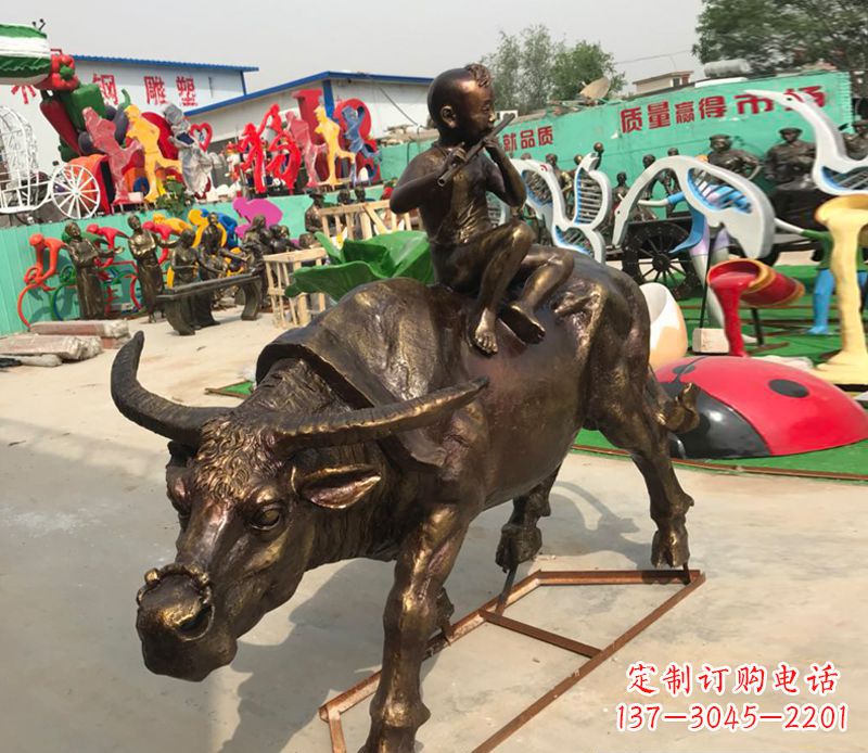 辽阳园林牧童骑牛铜雕塑