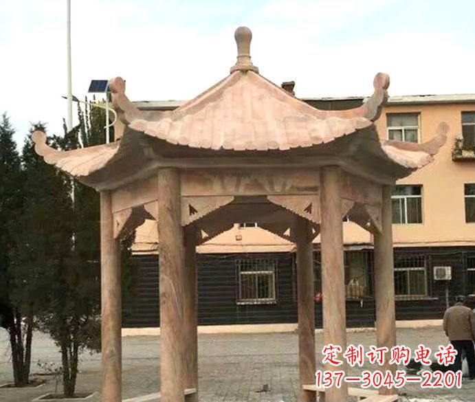 辽阳园林晚霞红六角石雕凉亭