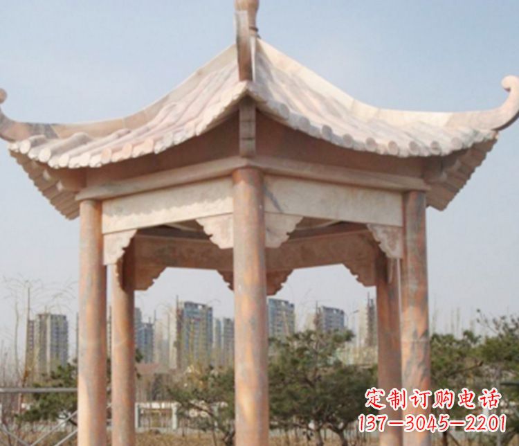 辽阳园林晚霞红六角石凉亭景观石雕
