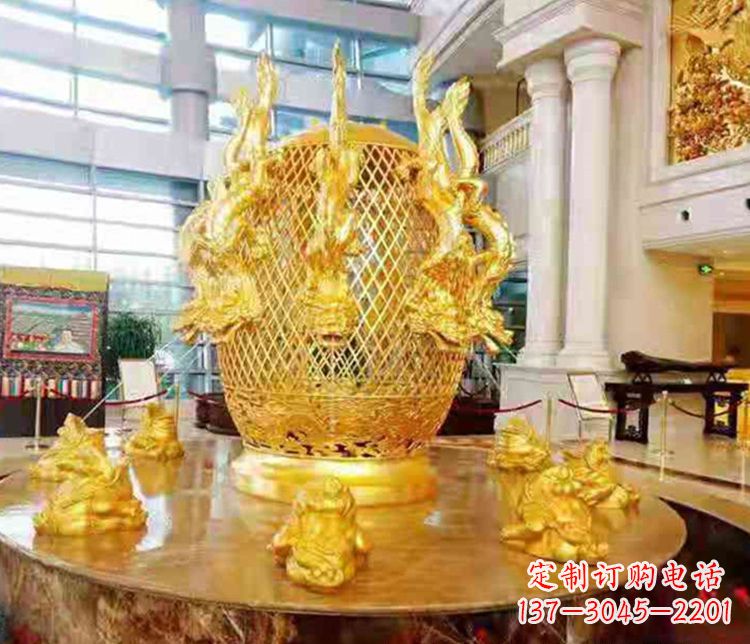 辽阳张衡地动仪企业景观雕塑摆件纯铜鎏金古仪器