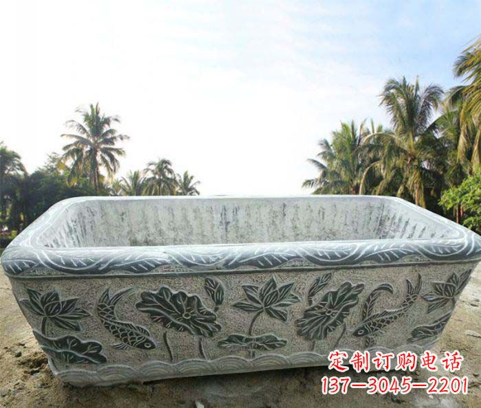 辽阳长方形连年有余荷花浮雕石水缸