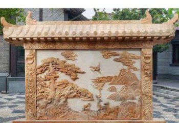辽阳园林景观晚霞红松鹤石浮雕影壁