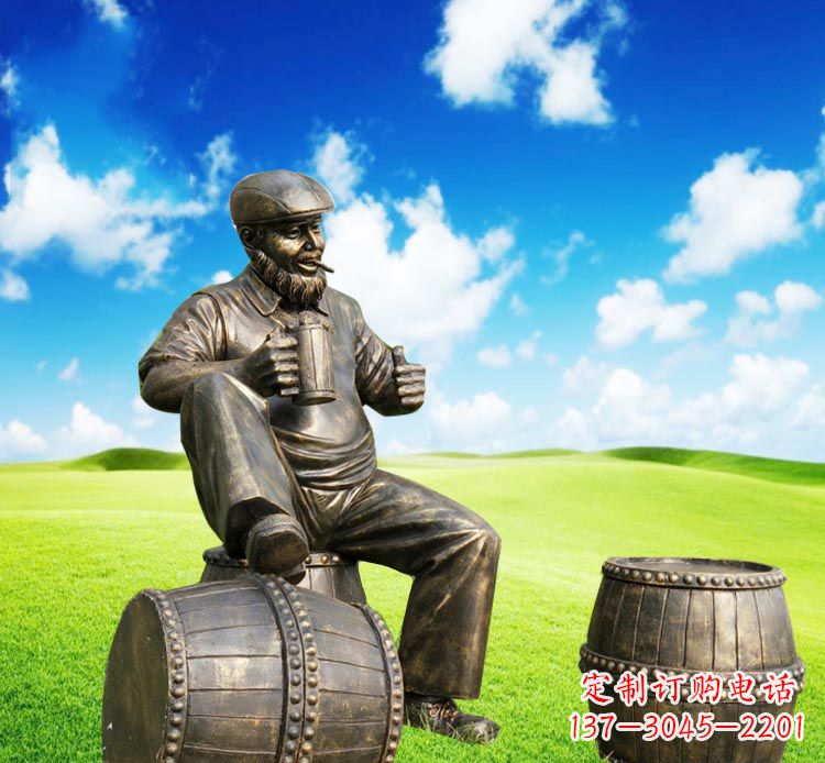 辽阳坐酒桶喝啤酒的西方人物铜雕