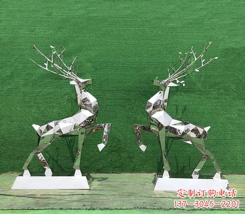 辽阳梅花鹿雕塑-公园两只不锈钢镜面梅花鹿雕塑